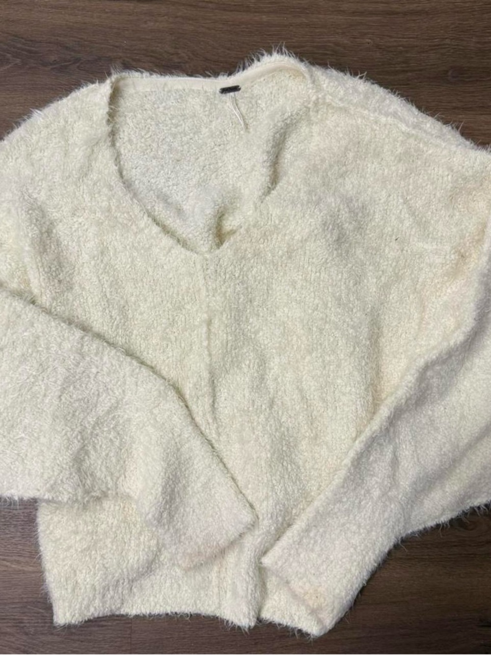 Free People Cream Fuzzy V-Neck Sweater